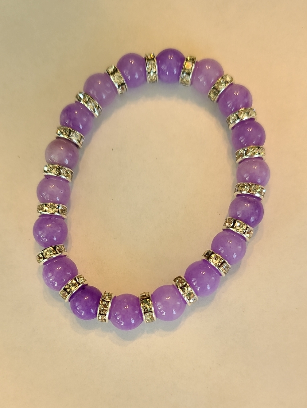 Lavender Quartz Beaded Stretch Bracelet with Rhinestone Spacers - Handmade